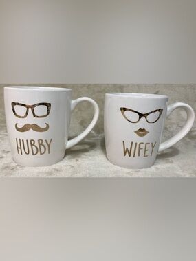 American Atelier HUBBY AND WIFEY Mugs Large Gold Letter & Picture